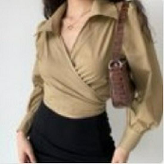 European & American Style V-Neck Lace-Up Lantern Sleeve Top for Women - Sexy High-Waisted Spring Shirt