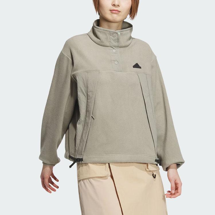Adidas City Escape Loose Fit Sweatshirt With Solid Logo Half-Zip Fleece Jacket Women Sweatshirt Pebble-Grey JE8581
