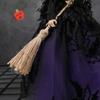 Halloween Witch Doll with Broom Small Witch Figurine with Gauze Skirt Spooky