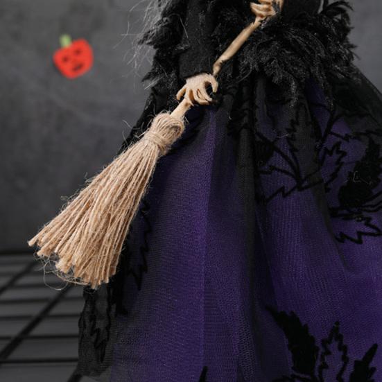 Halloween Witch Doll with Broom Small Witch Figurine with Gauze Skirt Spooky Table Centerpiece for Home Bedroom Desktop Decor