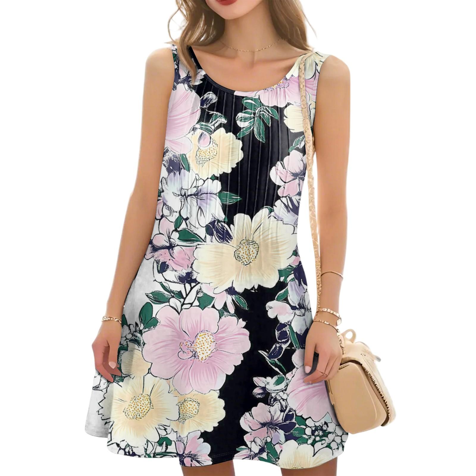 

Women s Casual Fashion Floral Print Round Neck Sleeveless Dress XL рожевий