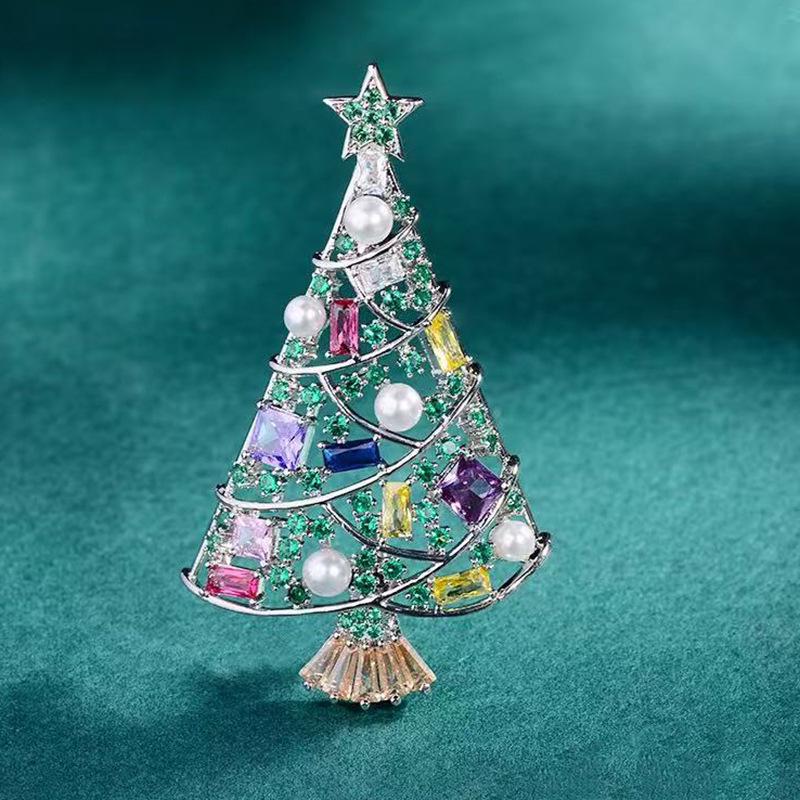 "Colorful Zircon and Pearl Christmas Tree Brooch - Gold-Plated Holiday Pin"