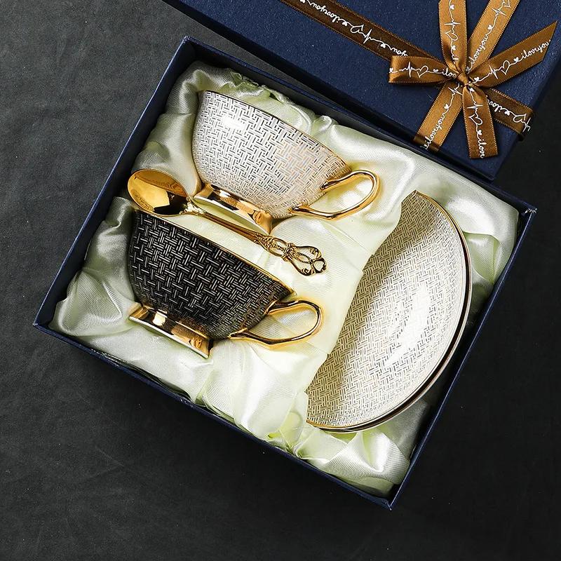 Bone Coffee Mug Set Ceramic Classic Grid Mug Coffeware Sets with Gifts Box Packing Wedding Gifts Chinese Tea Cup Drinkware
