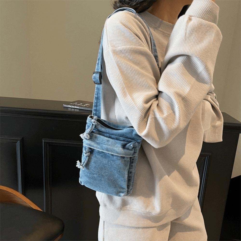 Large Capacity Canvas Crossbody Bag Zipper Closure Messenger Bag Denim Shoulder Bag  Office Use