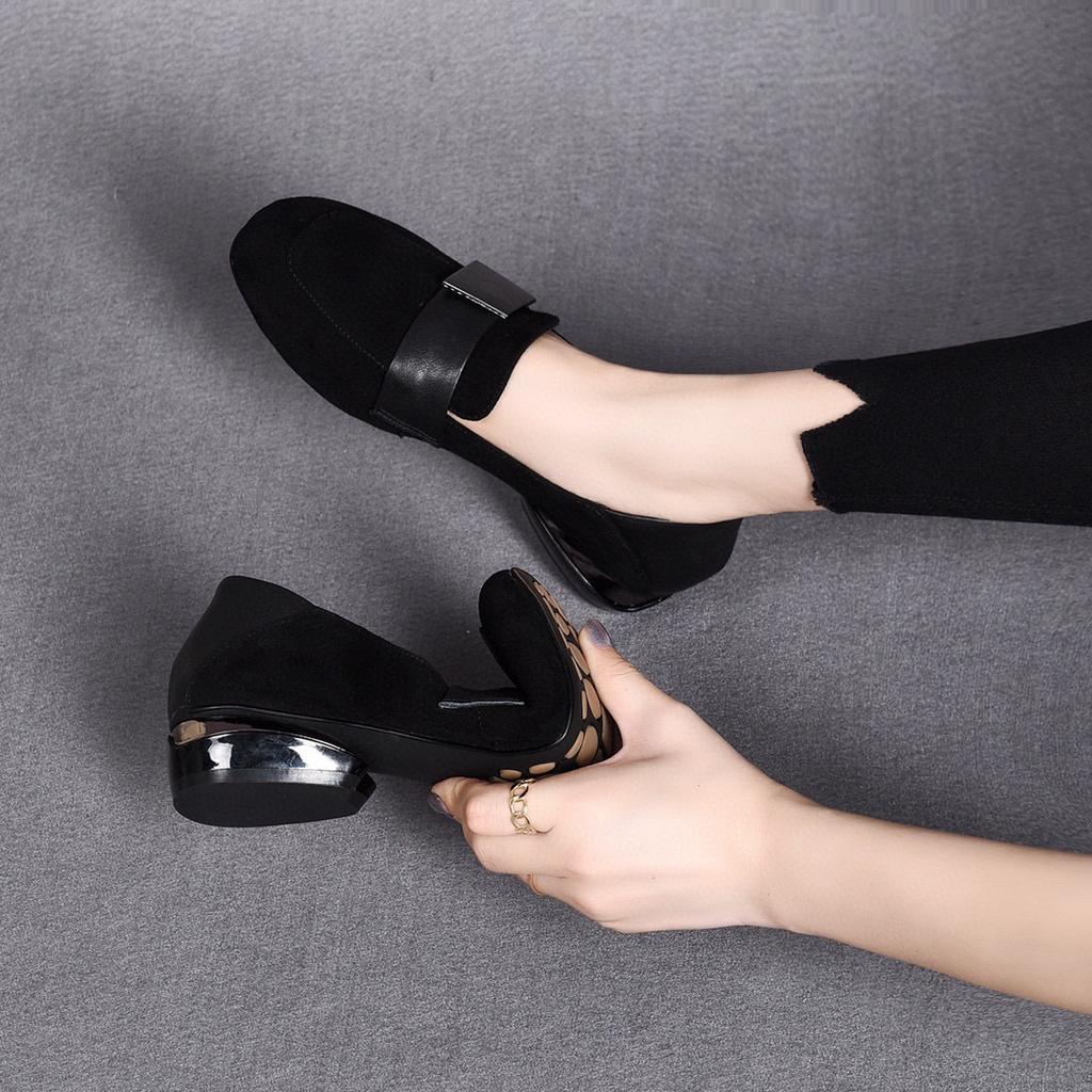 Medium heel single shoes women's shoes autumn new thick heel square buckle round head work shoes black sheepskin women's low-top shoes