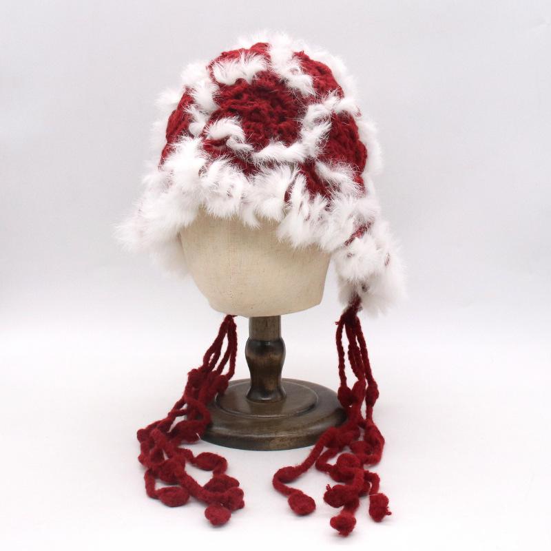 

Rabbit Fur Knitted Hairy Pullover Hat Female Winter Western Sichuan Travel Photo Show Face Small Ear Hat Tide one size fits all (knitted)