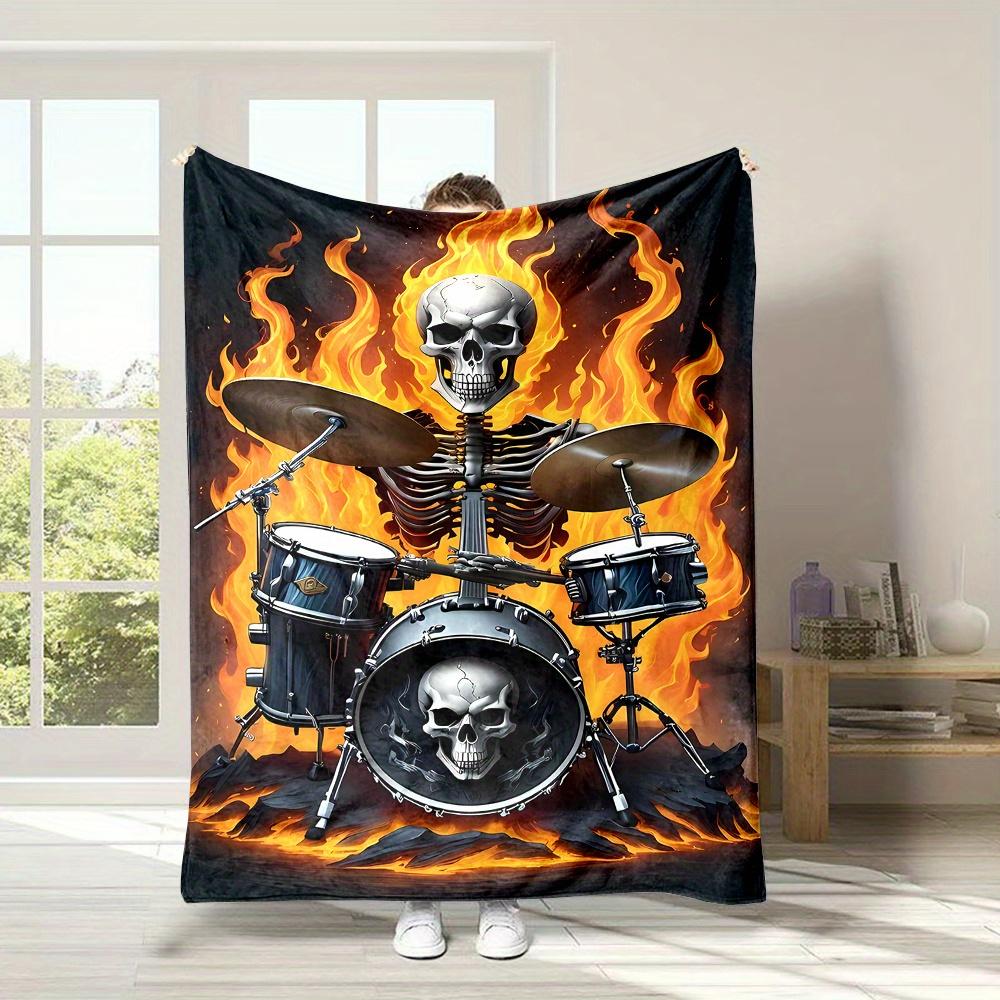 Rock Drummer Skull Flannel Blanket - Edgy Flame Print, Reversible All-Season Throw, Cool Gift for Music Lovers