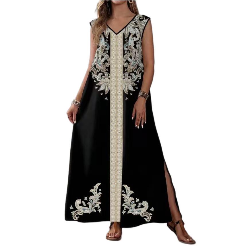New Bohemian V-neck embroidered long dress sleeveless split beach vacation dress women's clothing