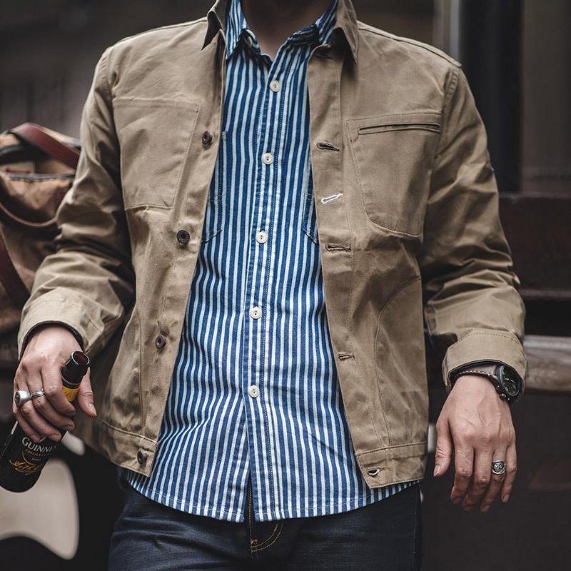 Maden Vintage Męskie Kurtki Płócienne Woskowane Olejem Khaki Wielokieszeniowa Kurtka Jednorzędowa z Kołnierzem z Klapami Wiatrówka Męska Odzież Wierzchnia