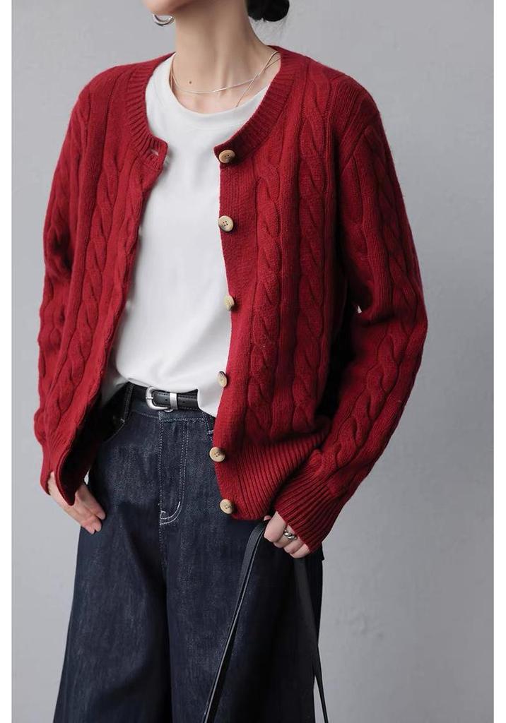 Autumn 2026 Women's Round Neck Cable Knit Cardigan - Long Sleeve, Single-Breasted Sweater.