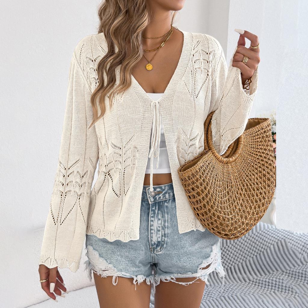 Women's Casual Color Openwork Lace-up Flared Sleeve Knitted Cardigan Top