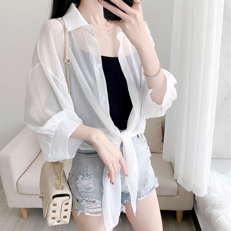 Chiffon Doll Sleeve Cardigan Women's Thin Sun Protection Shirt Short Outer Shawl Loose Top Thin Coat White Polo Collar Shirt
