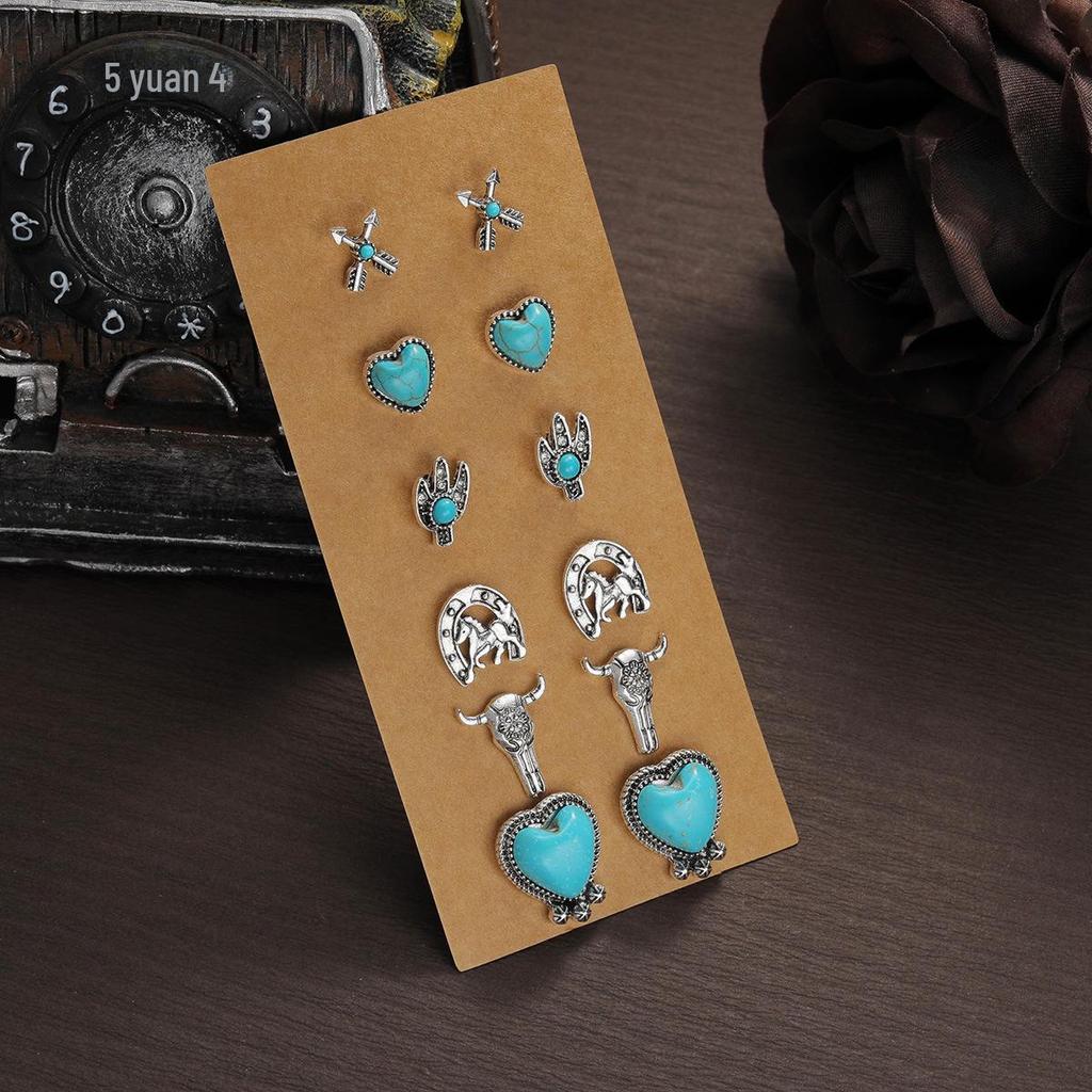 Retro Ethnic Turquoise Flower Cowboy Hat & Cactus Earrings Set – Ideal for Commuting