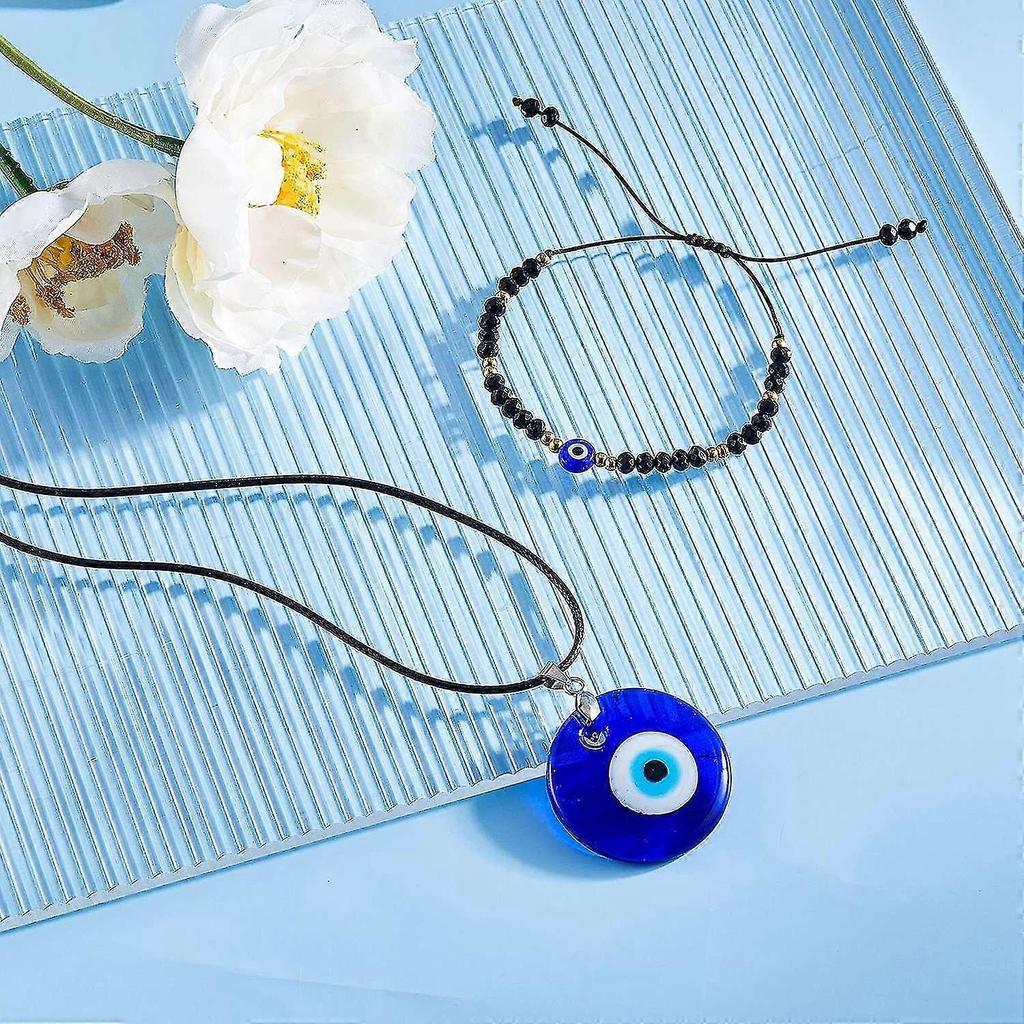 Set of 4 Turkish Evil Blue Eyes Bracelet Glazed Pendant Palm Volcanic Stone Bead Bracelet