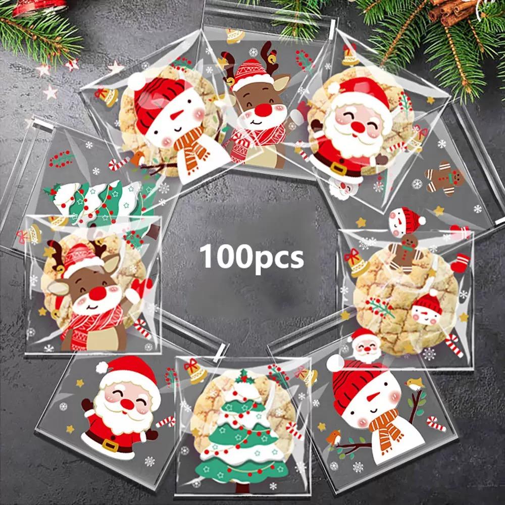 100 pieces of Christmas Candy Bags - Merry Christmas Candy bags, plastic Christmas cellophane cello candy Cookies Gift snack bag