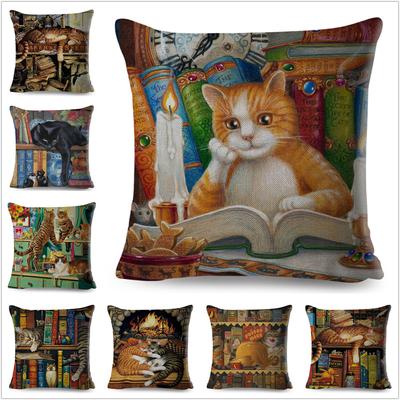 Niedliche Buch Katze Party Kissenbezug Dekor Cartoon Tier Kissenbezug Druck Cojines Polyester Kissenbezug für Sofa Zuhause 45x45cm