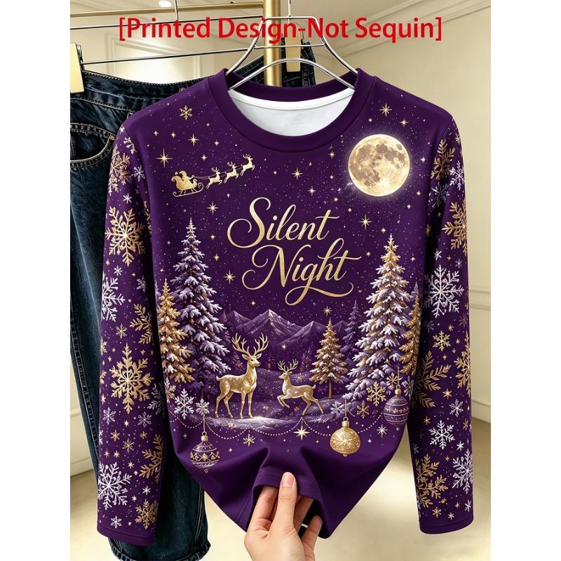Women's elegant long sleeves, Christmas starry sky, elk and snowflake print, round neck bottoming shirt, perfect for daily commuting