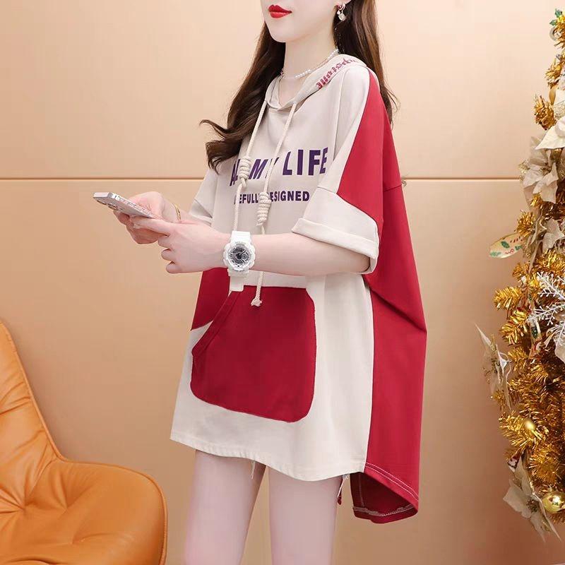 Women's Hooded Contrasting Back Panel Split T-shirt Summer Loose Fitting Upper Garment Medium And Long Tops For Women