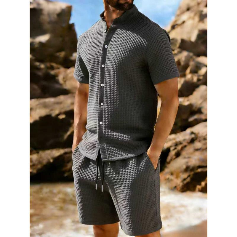 Men's Trendy Waffle Lapel Two-Piece Summer Set
