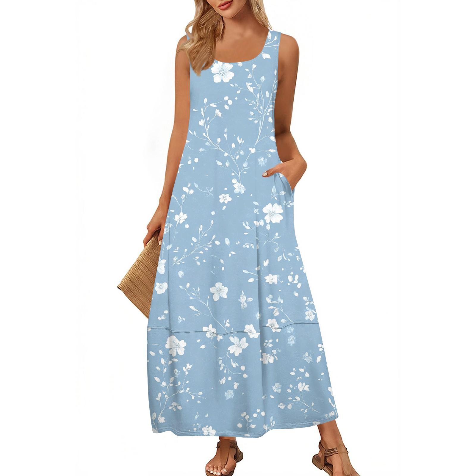 

Женский повседневный сарафан длиной до пола, летнее пляжное платье, круглый вырез, без рукавов, свободный сарафан с принтом XL небесно-голубой