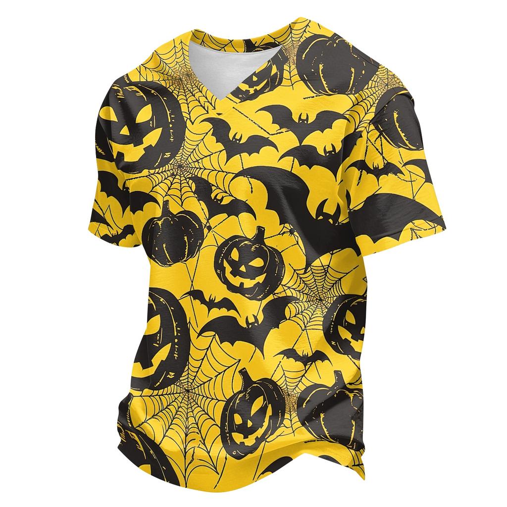Men's Casual Lightweight Breathable Short Sleeve V Neck Shirt Halloween Print Handprint Pattern Comfortable Fit