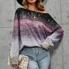 Ladies Casual Pullover Contrast Color Gradient Long Sleeve Top T-Shirt