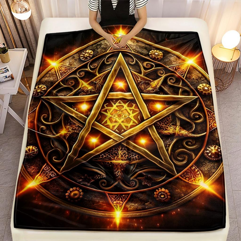 Golden pentagram mystic symbol magic ritual flannel blanket occult art blanket spiritual decor esoteric design throw blanket for
