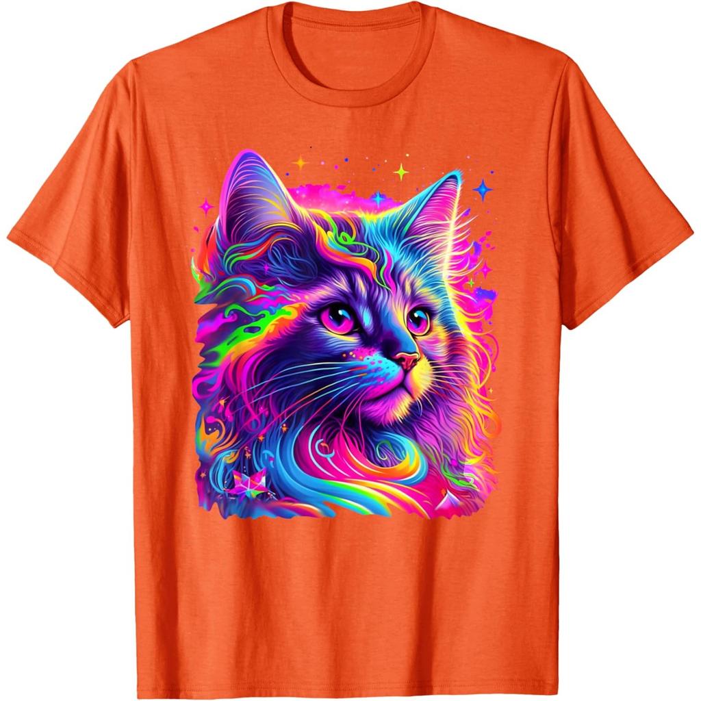 T-shirt Grafica Ritratto Gatto Psichedelico al Neon Girocollo Traspirante in Cotone da Uomo