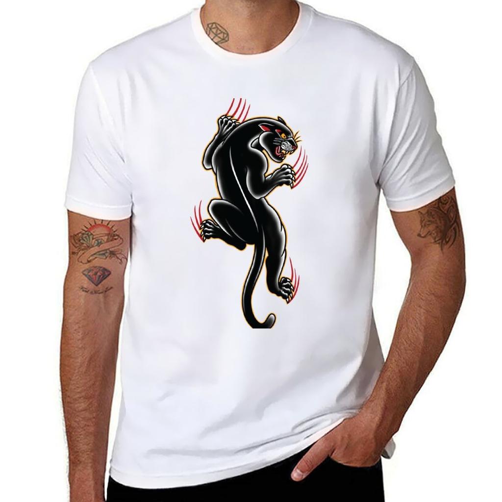 Traditional Tattoo Panther Illustration Tshirt Work Basic Short Sleeve Top