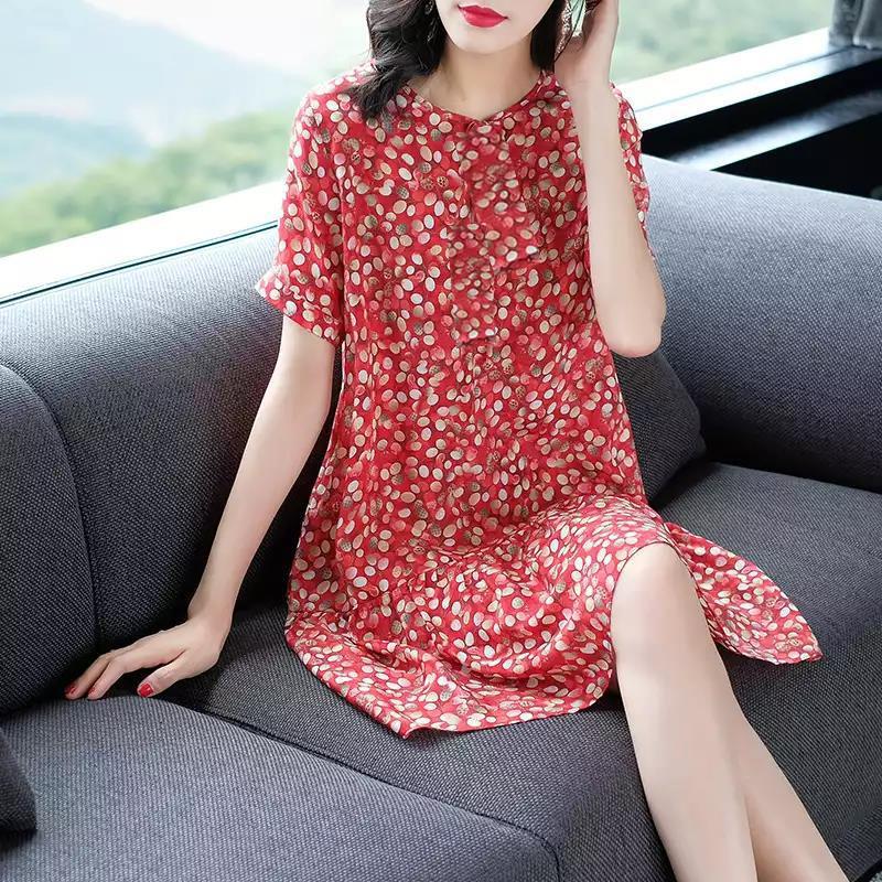 2024 Rich Lady Plus Size A-line Floral Dress: Short-Sleeve Summer Slimming Dress for Women and Moms