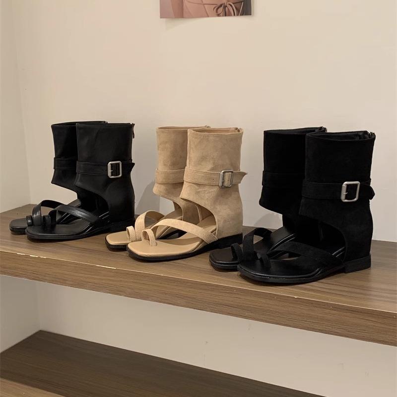 Summer heightening boots women's thin wedge heel short boots 2025 new toe cover toe Roman hollow pile cool boots