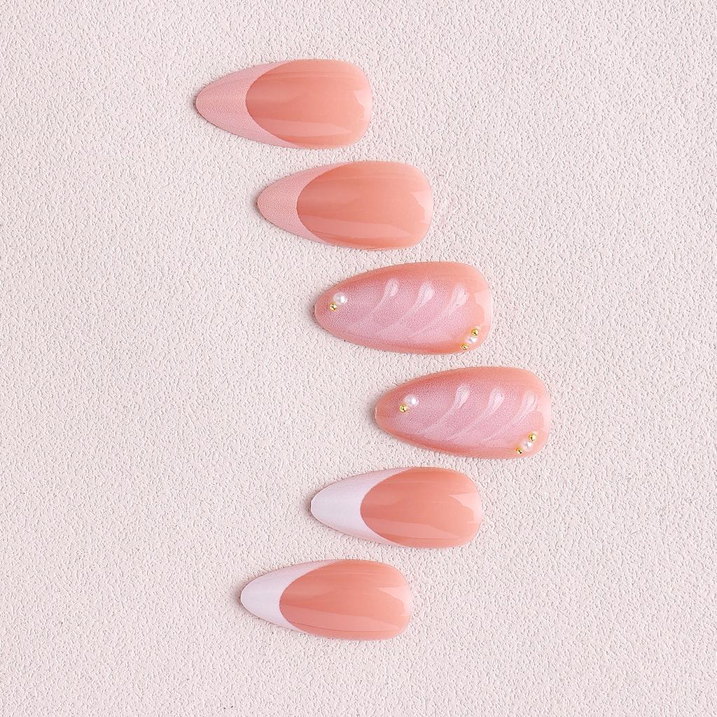 24pcs/Set Elegant Gradient Pink & White Almond-Shaped Nail Stickers With 3D Floral & Pearl Decor, Suitable For Girls/Women For Daily