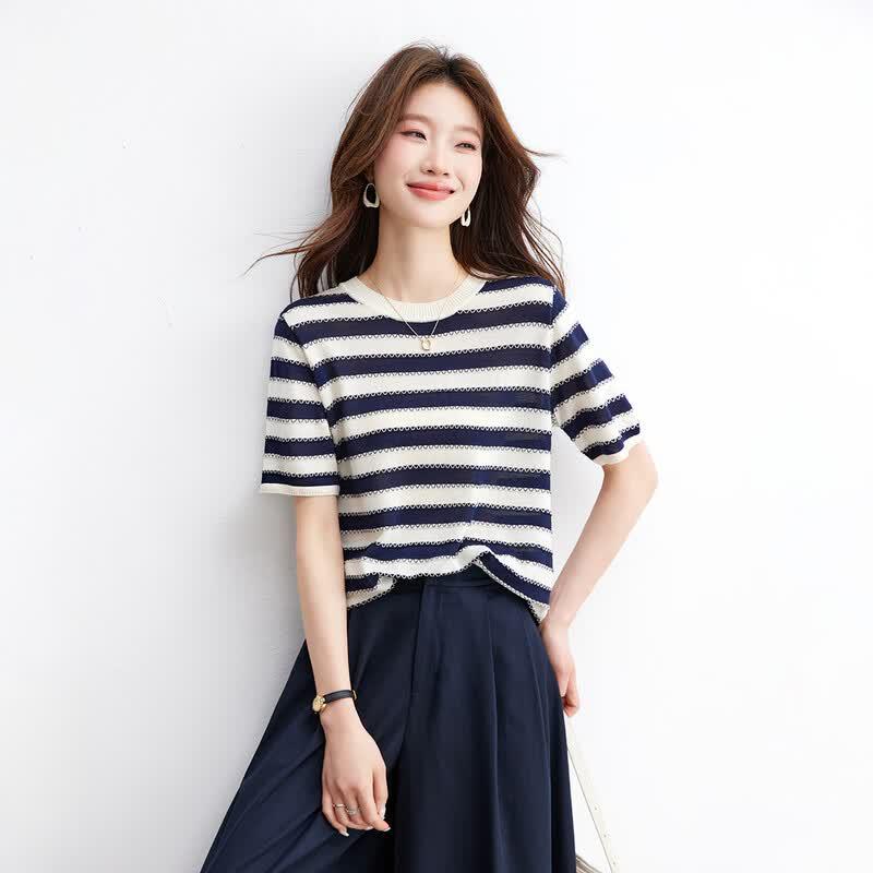 Srcr Women s Mulberry Silk Blend Striped Knit Short Sleeve T-Shirt L