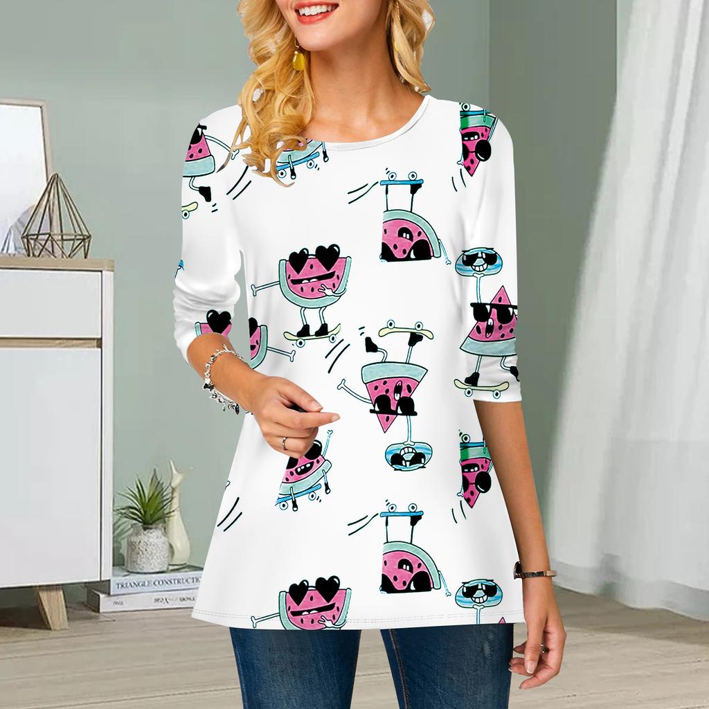 Übergröße Damen Blumen Früchte Print Rundhals Lässig Locker Langarm Oberteil