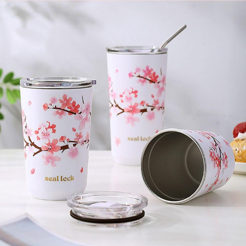 Kirschblüte mit Deckel Isolierte doppelwandige Vakuumflasche Kaffeebecher Thermosbecher Wasserflasche