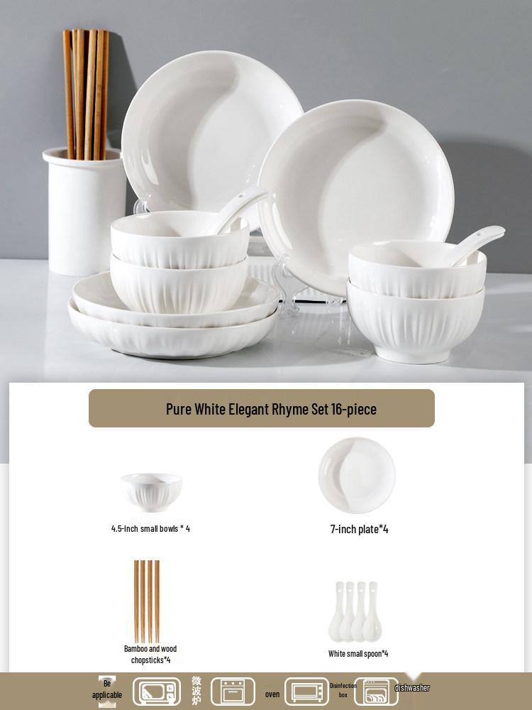 Pure White Ceramic Tableware Set: Dinner Bowls, Rice Bowls, Plates, Dishes, and Double-Ear Soup Bowls for Home Use.