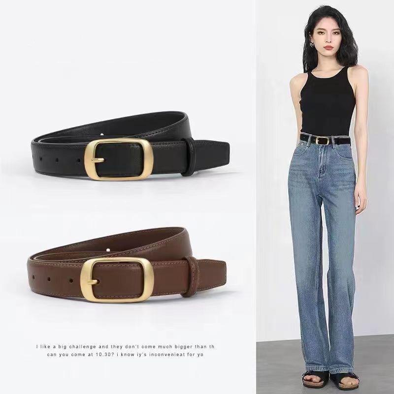 Women's Versatile Black Leather Belt - Fashionable Decorative Waistband for Jeans