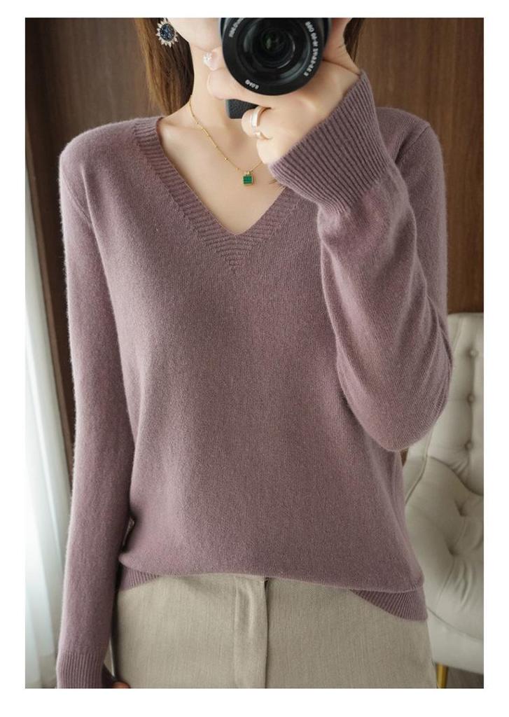Women's V-Neck Cashmere Sweater - Slim Fit Long Sleeve Knitwear, Korean Style for Spring & Autumn