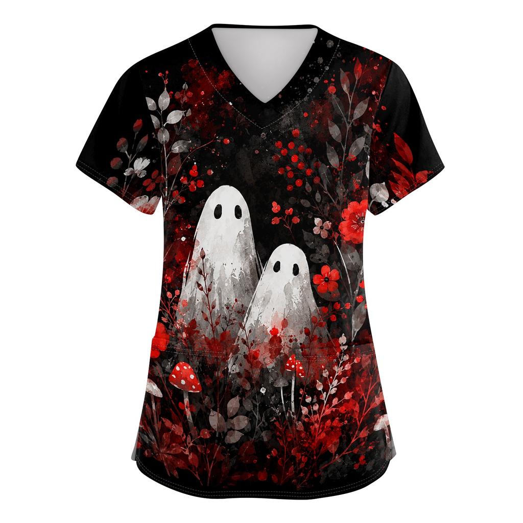 Women's V Neck Halloween Print Short Sleeve Medical Scrub Top with Pocket Side Slit Design Suitable for Healthcare Professionals