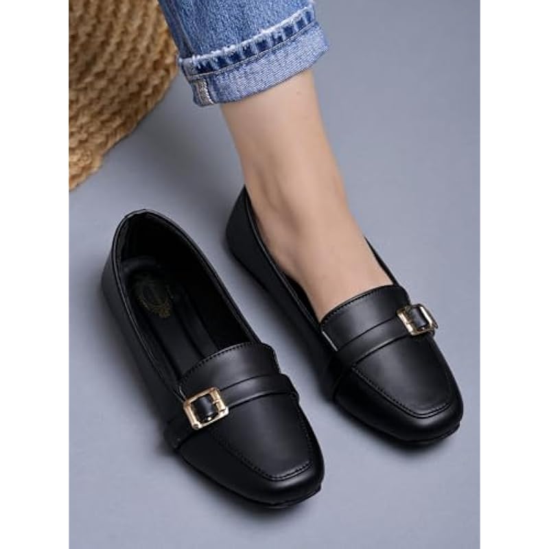 Shoetopai Women'S Black Classic Loafer Belly Shoes With Buckle Detail Comfortable Slip-On Flats For Office & Daily Eu39