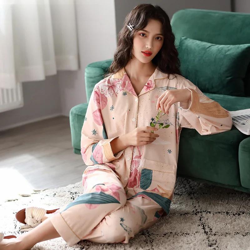 Ladies' 100% Cotton Long Sleeve Pajama Set Spring/autumn Thin Style Winter Warm Homewear Suit