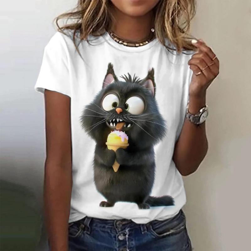 Summer Street Women's Casual T-Shirt Paired With 3d Printed Small Black Cat Pattern Top Casual Round Neck Short Sleeved T-Shirt