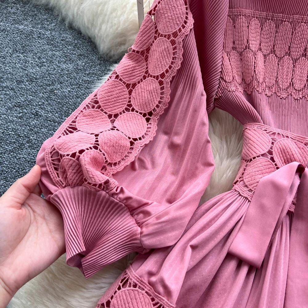 Retro Palace Style Dress for Women In Autumn and Winter A High-end Feel and Straps Waist Cinching Hollow Out Splicing Elegant Long Women Dress