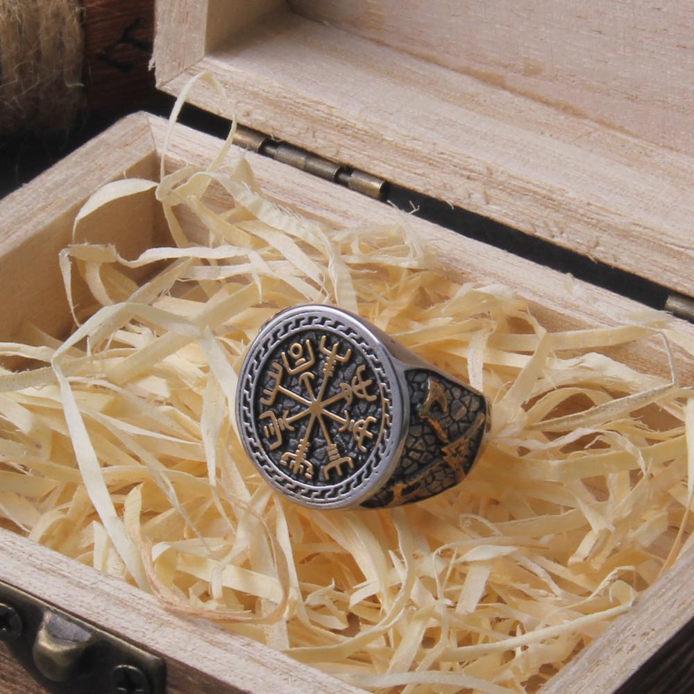 Viking Axe Ring Stainless Steel Odins Rune Signet Celtic Knot Biker Jewelry for Men with Wooden Box Gift