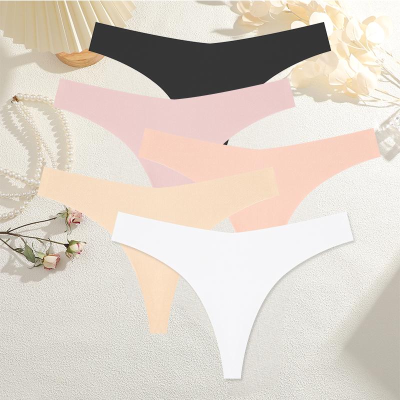 5PCS Women Ice Silk Seamless Underpants Panties Sexy V-Waist Sport Thongs Low Rise 10 Soild Colours Breathable G-string