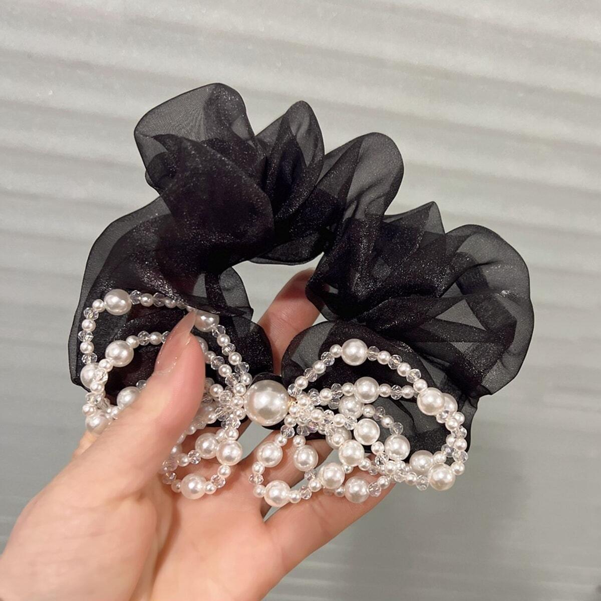 

Sweet and Elegant French-Style Faux Pearl Bow Oversized Scrunchie Mesh Black Hair Tie for Girls and Women Hair Accessories чёрный