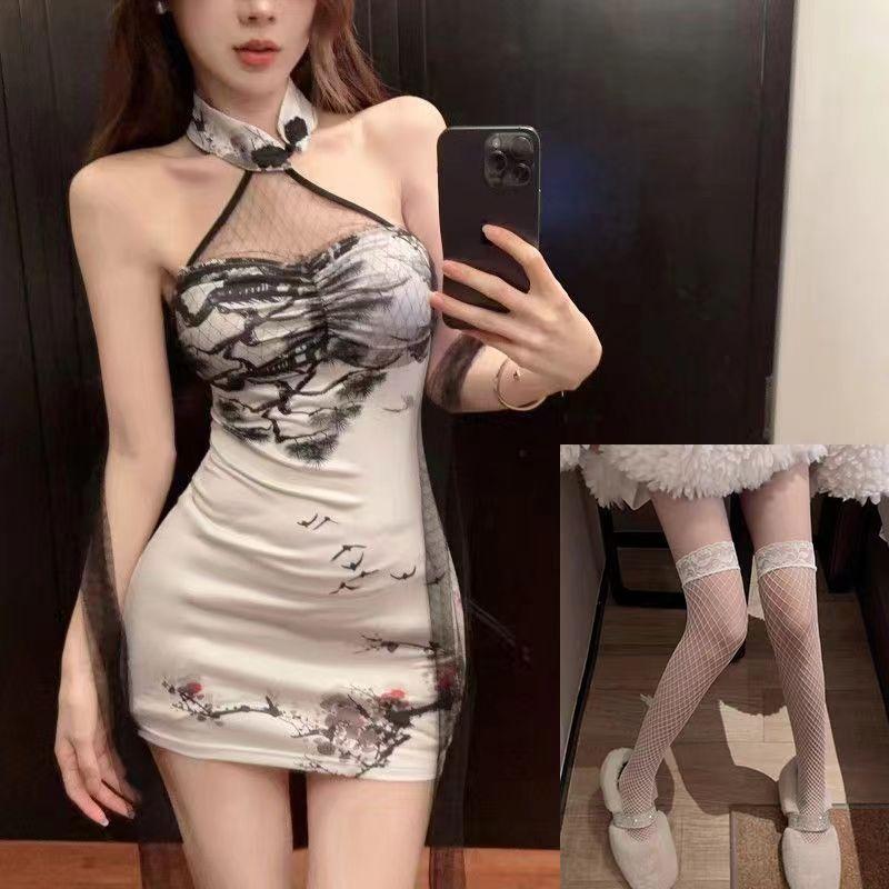 Large size temperament retro ink printing tube top hip skirt women's improved cheongsam slim mesh stitching neck dress