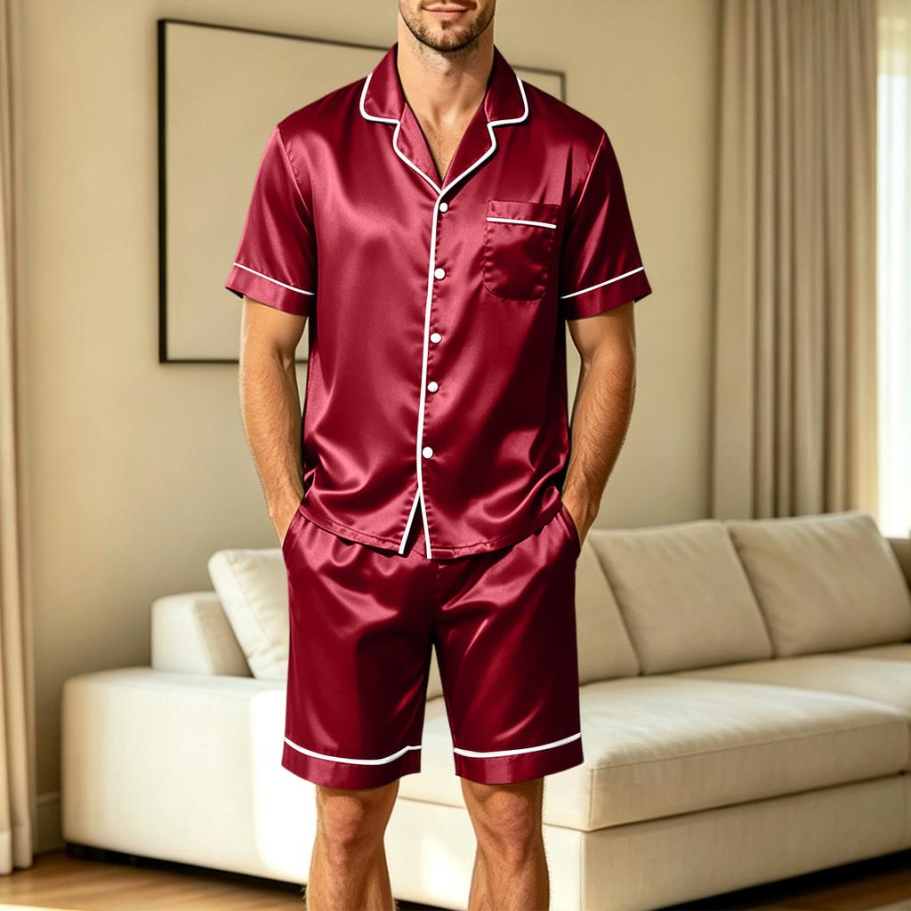 Men's Short Sleeve Pajama Set with Chest Pocket and Two Pocket Shorts for Casual Sleepwear