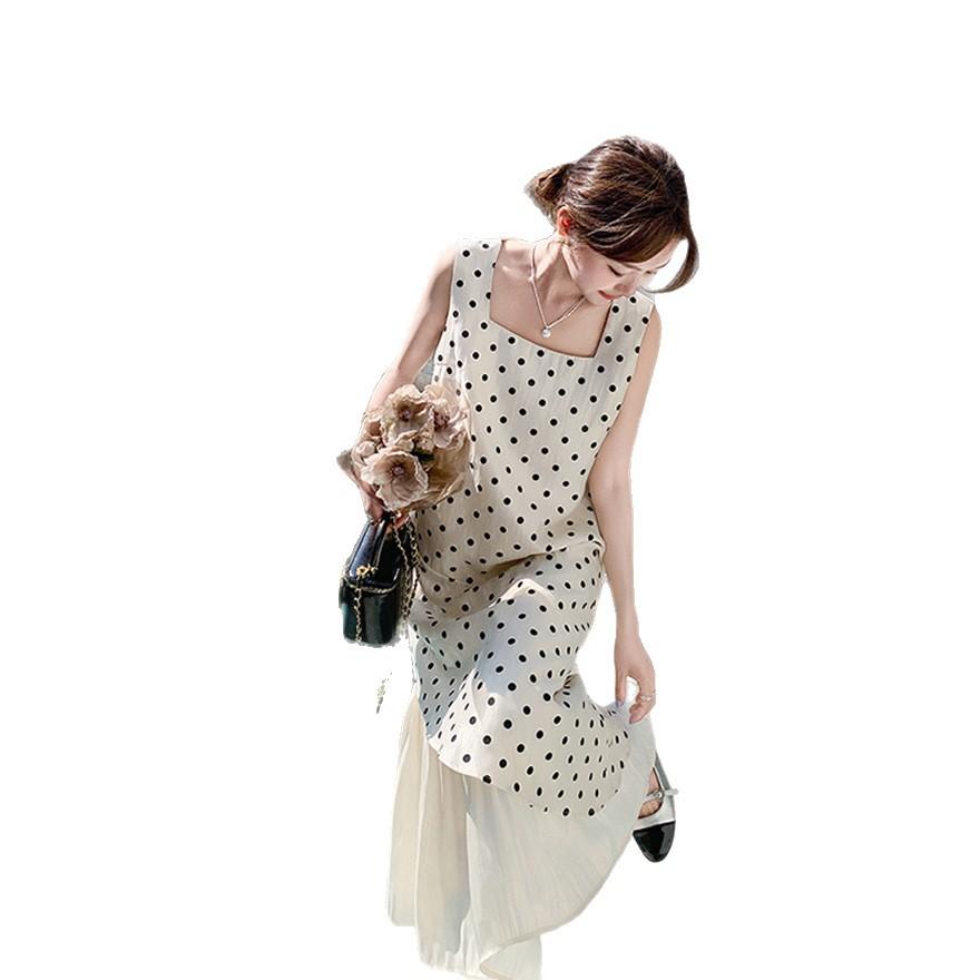 Design sense irregular polka dot vest dress women's summer new loose and thin sleeveless medium and long skirt