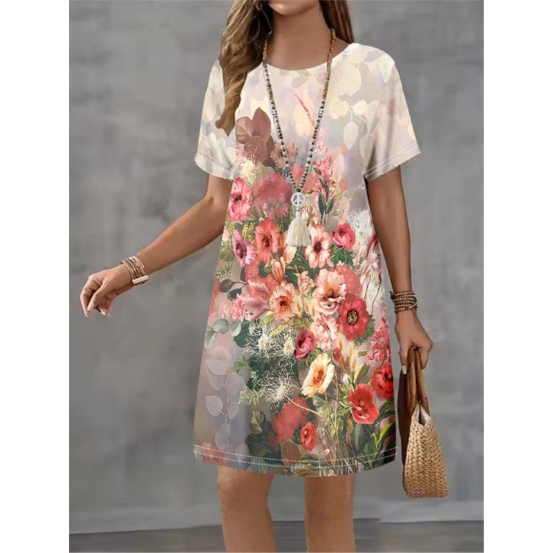 Women Dress Vintage Flower Print Pattern Design Sense Pattern Summer Elegant Women A-Line Dress Casual Short Sleeve Mini Dress